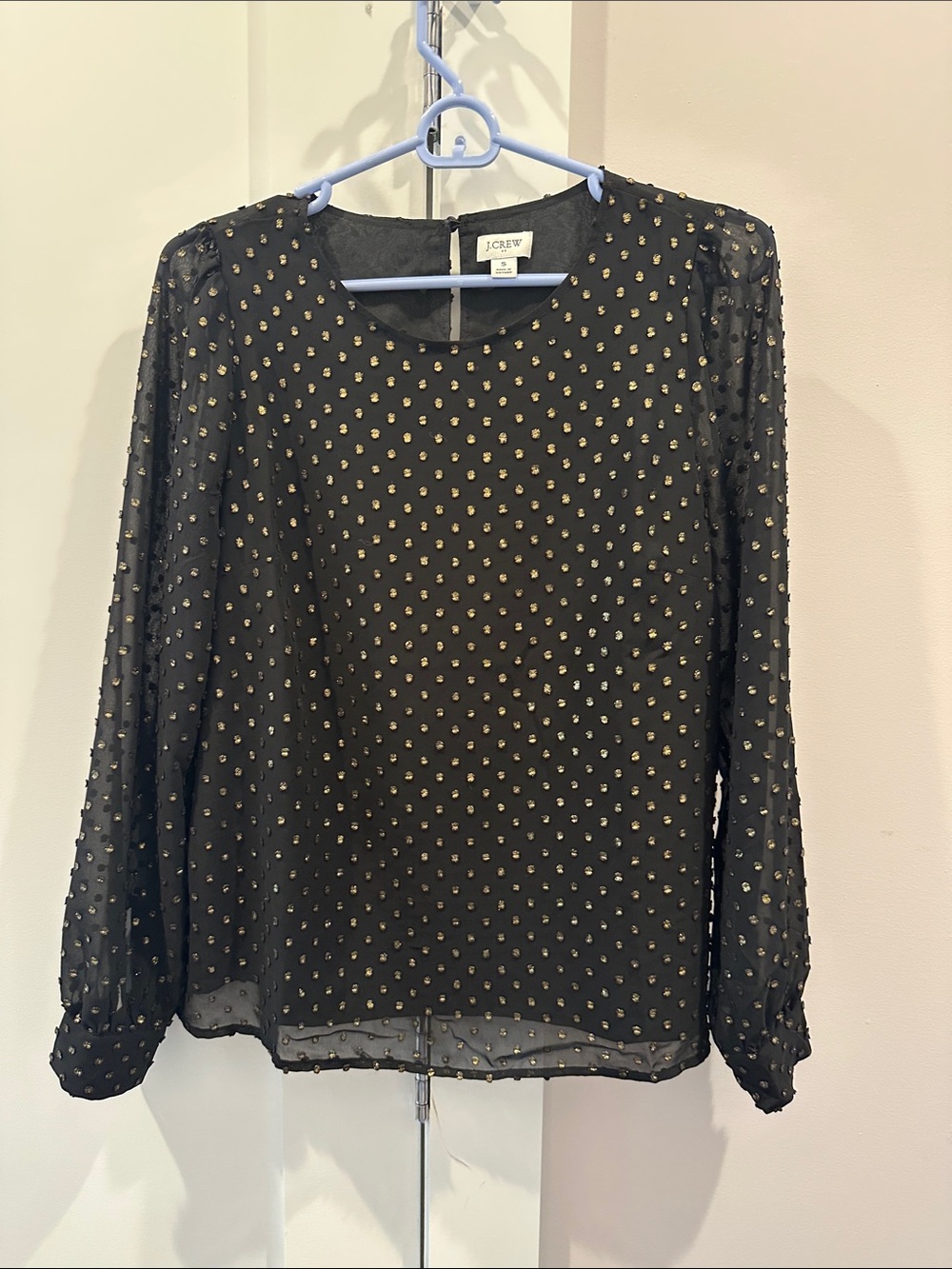 J. Crew Black Sheer Blouse with Gold Dot Embellishments